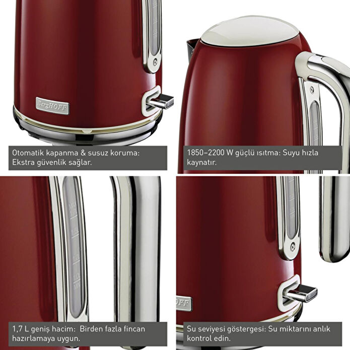 Berghoff Gem Retro 1,7 L Kırmızı Su Isıtıcı – 2200 W, Paslanmaz Çelik Gövde