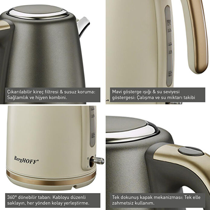 Berghoff Gem Pearl 1,7 L Su Isıtıcı – 2200 W Paslanmaz Çelik Gövde | Gri Gold