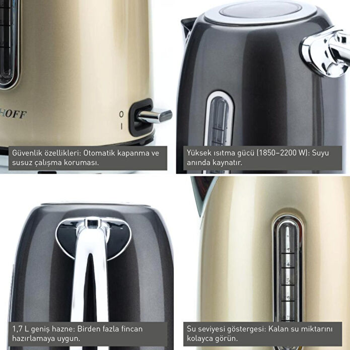 Berghoff Gem Metallic 1.7 Litre Su Isıtıcısı – 2200 W, Paslanmaz Çelik Gövde | Gold