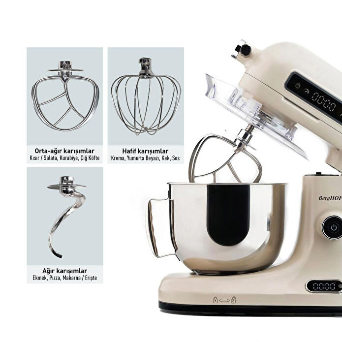 Berghoff Gem Retro 5 L Stand Mikser – 1600 W, Dayanıklı Döküm Alüminyum Gövde | Vanilya Krem