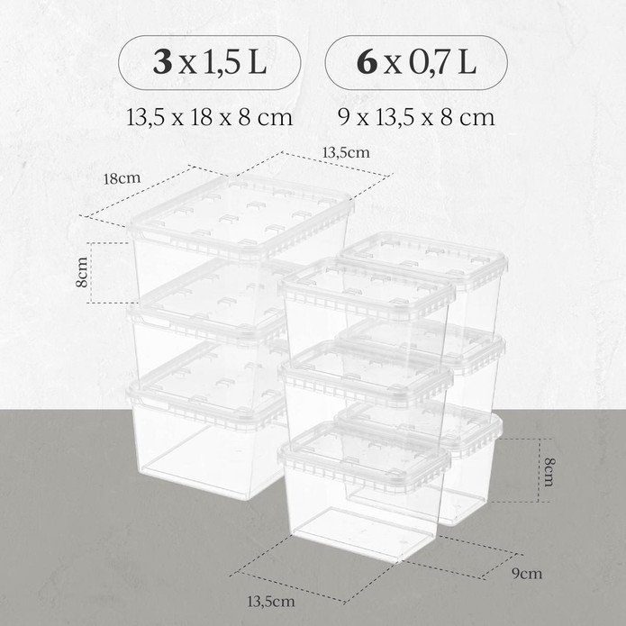Vienev 9'lu Block Buzdolabı Ve Derin Dondurucu Sızdırmaz Saklama Kabı Şeffaf 3x(1,5 Lt)-6x(0,7 Lt)