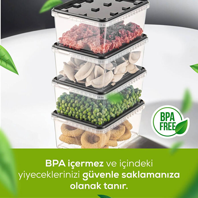 Vienev 4'lü 1,5 Litre Block Buzdolabı Ve Derin Dondurucu Sızdırmaz Saklama Kabı Şeffaf Antrasit