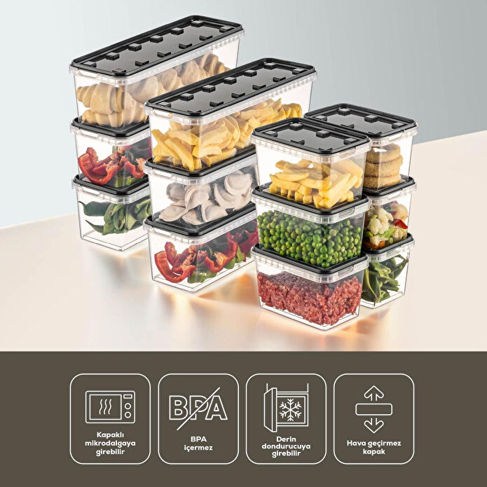 Vienev 12'li Block Buzdolabı Ve Derin Dondurucu Sızdırmaz Saklama Kabı Şeffaf Antrasit 6x(1,4-0,7 Lt)