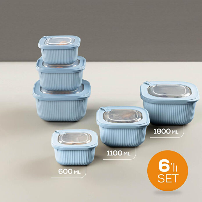 Vienev 6'lı 2x(600-1100-1800 Ml) Mikrodalga Ve Difrize Uygun Vip Kapaklı Özel Saklama Kabı Seti Mavi