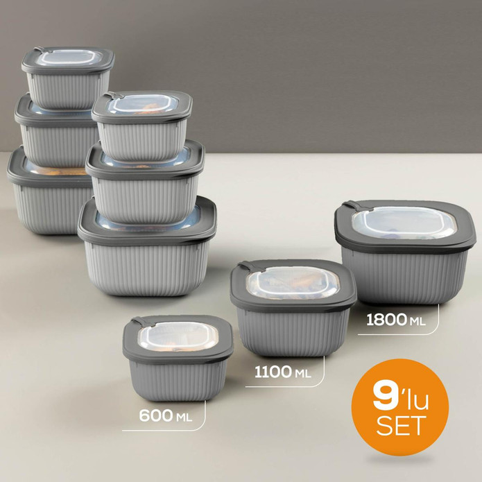 Vienev 9'lu 3x(600-1100-1800 Ml) Mikrodalga Ve Difrize Uygun Vip Kapaklı Özel Saklama Kabı Seti Antrasit