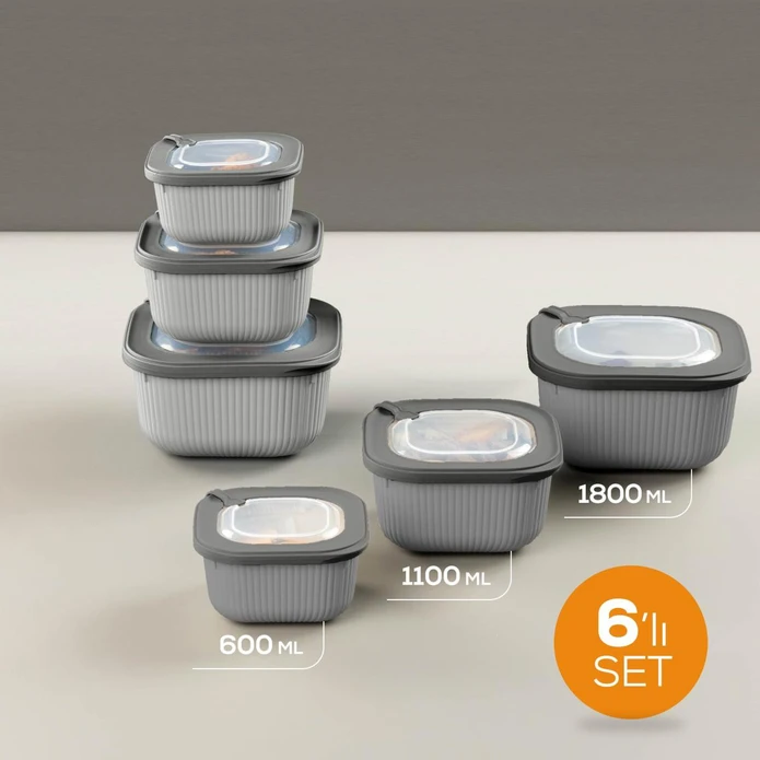 Vienev 6'lı 2x(600-1100-1800 Ml) Mikrodalga Ve Difrize Uygun Vip Kapaklı Özel Saklama Kabı Seti Antrasit