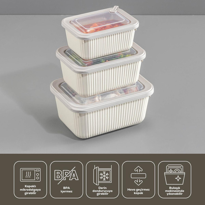 Vienev 6'lı Vip Dikdörtgen Mikrodalga Ve Difrize Uygun Saklama Kabı Seti Bej 2x(1750,1050,600 Ml)