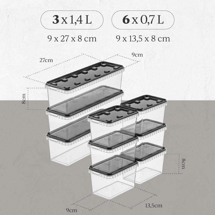 Vienev 9'lu Block Buzdolabı Ve Derin Dondurucu Sızdırmaz Saklama Kabı Şeffaf Antrasit 3x(1,4 Lt)-6x(0,7 Lt)