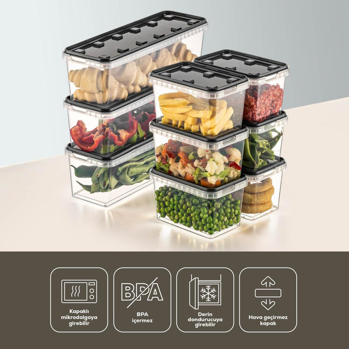 Vienev 9'lu Block Buzdolabı Ve Derin Dondurucu Sızdırmaz Saklama Kabı Şeffaf Antrasit 3x(1,4 Lt)-6x(0,7 Lt)