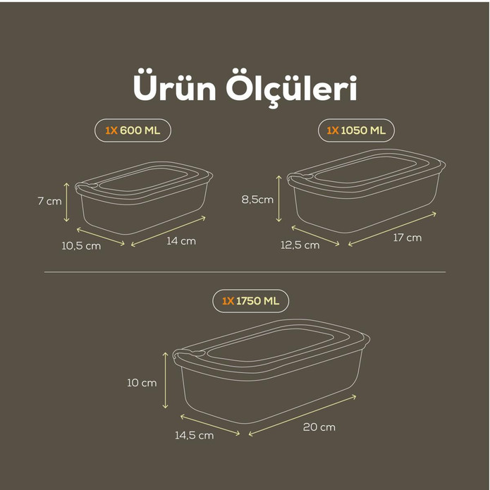 Vienev 3'lü Vip Dikdörtgen Mikrodalga Ve Difrize Uygun Saklama Kabı Seti Mavi 1x(1750,1050,600 Ml)