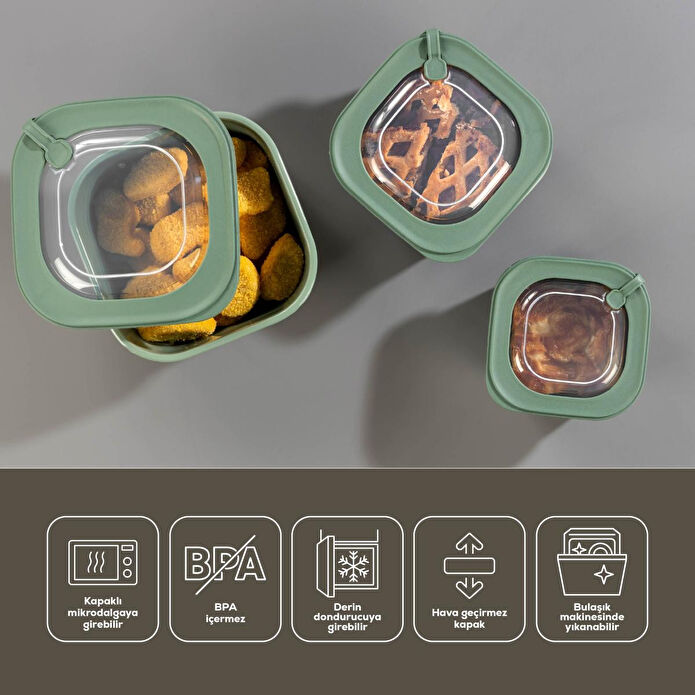Vienev 12'li 4x(600-1100-1800 Ml) Mikrodalga Ve Difrize Uygun Vip Kapaklı Özel Saklama Kabı Seti Yeşil