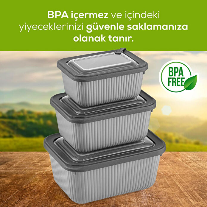 Vienev 3'lü Vip Dikdörtgen Mikrodalga Ve Difrize Uygun Saklama Kabı Seti Gri 1x(1750,1050,600 Ml)