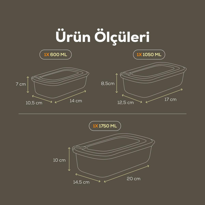 Vienev 3'lü Vip Dikdörtgen Mikrodalga Ve Difrize Uygun Saklama Kabı Seti Gri 1x(1750,1050,600 Ml)