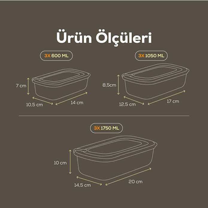 Vienev 9'lu Vip Dikdörtgen Mikrodalga Ve Difrize Uygun Saklama Kabı Seti Bej 3x(1750,1050,600 Ml)