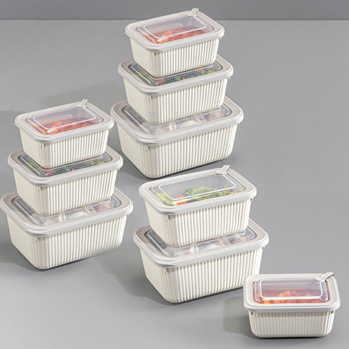 Vienev 9'lu Vip Dikdörtgen Mikrodalga Ve Difrize Uygun Saklama Kabı Seti Bej 3x(1750,1050,600 Ml)