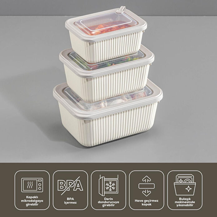 Vienev 12'li Vip Dikdörtgen Mikrodalga Ve Difrize Uygun Saklama Kabı Seti Bej 4x(1750,1050,600 Ml)