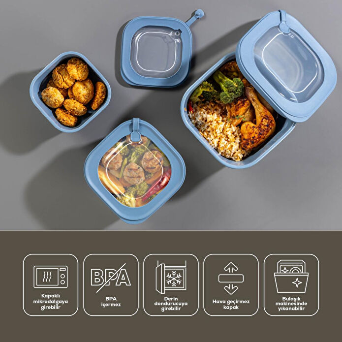 Vienev 12'li 4x(600-1100-1800 Ml) Mikrodalga Ve Difrize Uygun Vip Kapaklı Özel Saklama Kabı Seti Mavi