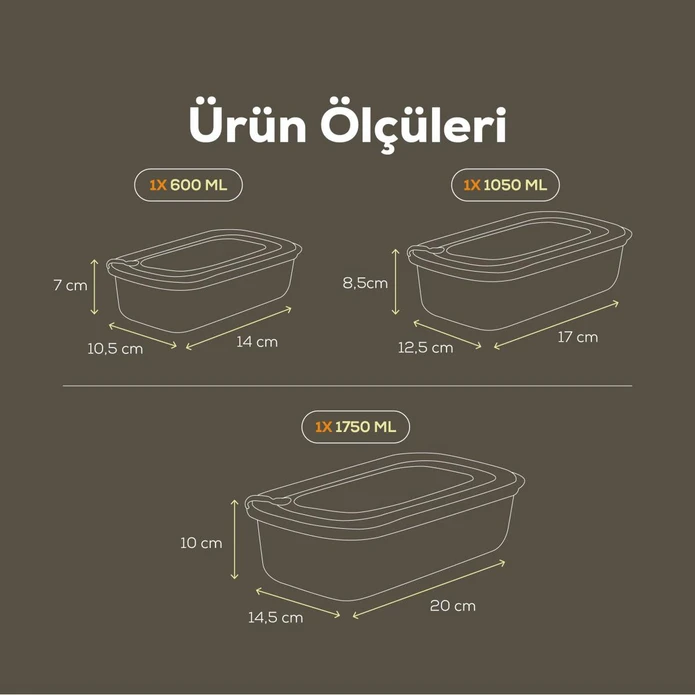 Vienev 3'lü Vip Dikdörtgen Mikrodalga Ve Difrize Uygun Saklama Kabı Seti Bej 1x(1750,1050,600 Ml)