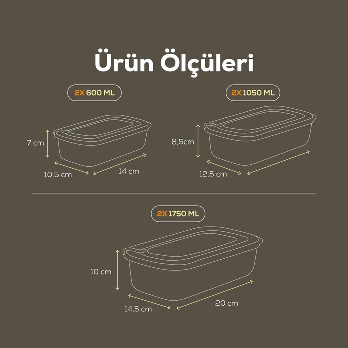 Vienev 6'lı Vip Dikdörtgen Mikrodalga Ve Difrize Uygun Saklama Kabı Seti Gri 2x(1750,1050,600 Ml)