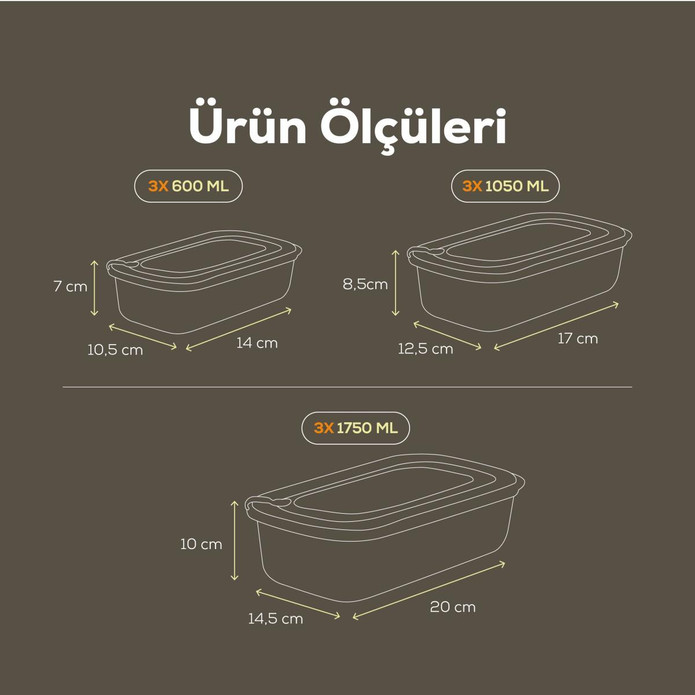 Vienev 9'lu Vip Dikdörtgen Mikrodalga Ve Difrize Uygun Saklama Kabı Seti Gri 3x(1750,1050,600 Ml)