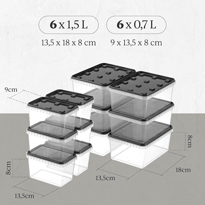 Vienev 12'li Block Buzdolabı Ve Derin Dondurucu Sızdırmaz Saklama Kabı Şeffaf Antrasit 6x(1,5-0,7 Lt)