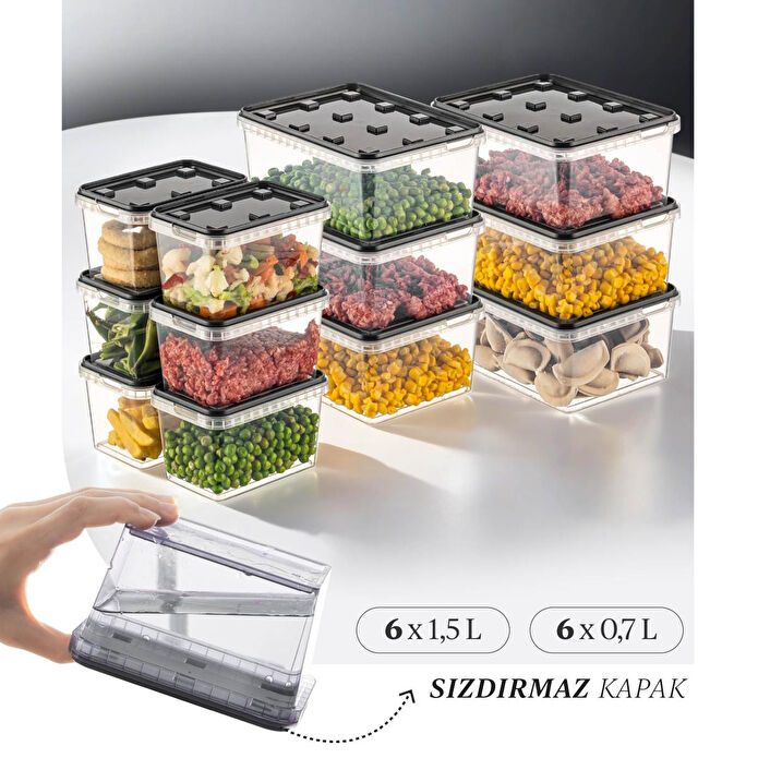 Vienev 12'li Block Buzdolabı Ve Derin Dondurucu Sızdırmaz Saklama Kabı Şeffaf Antrasit 6x(1,5-0,7 Lt)