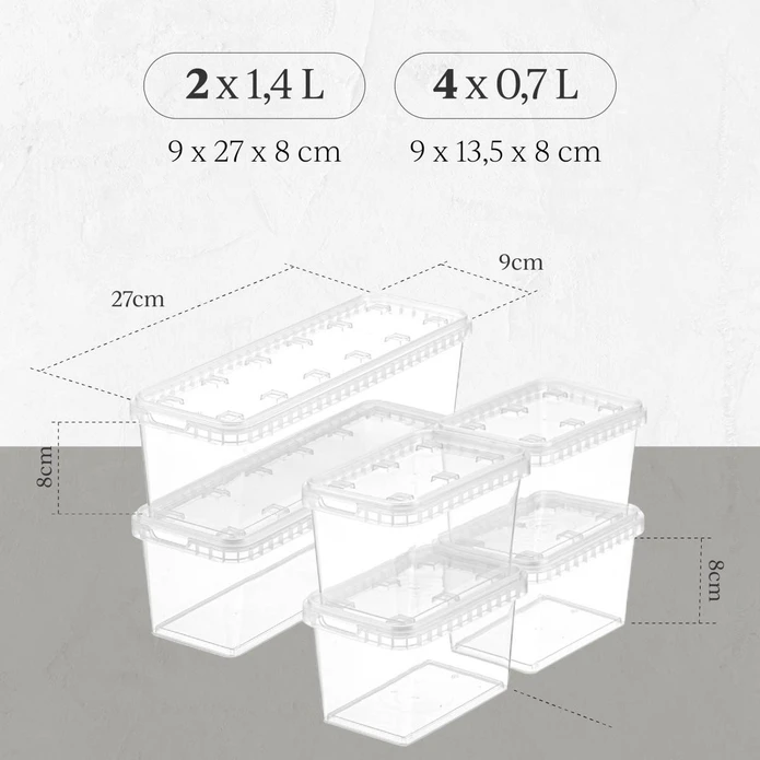 Vienev 6'lı Block Buzdolabı Ve Derin Dondurucu Sızdırmaz Saklama Kabı Şeffaf 2x(1,4 Lt)-4x(0,7 Lt)