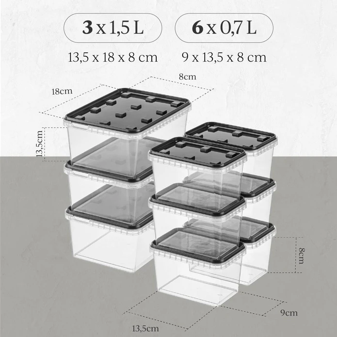 Vienev 9'lu Block Sızdırmaz Saklama Kabı Seti 6x(0,7 Li̇tre) 3x(1,5 Li̇tre) Antrasit