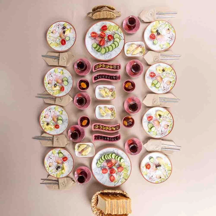 Vienev 38 Parça 8 Kişilik Handmade Nazra Desen Kahvaltı Takımı - Stoneware Kahvaltı Sunum Seti