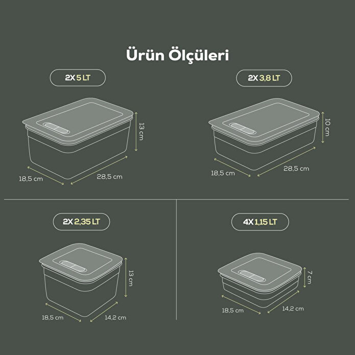 Vienev 10'lu Hava Kanallı Ayarlanabilir Sebze Ve Meyve Saklama Kabı 4x(1,15 Lt) 2x(2,35-3,8-5 lt) yeşil