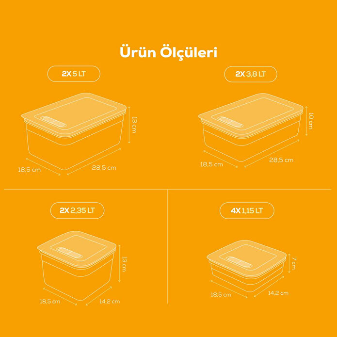 Vienev 10'lu Hava Kanallı Ayarlanabilir Sebze Ve Meyve Saklama Kabı 4x(1,15 Lt) 2x(2,35-3,8-5 lt) turuncu