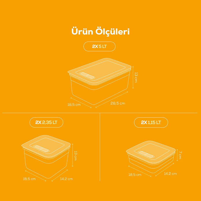 Vienev 6'lı Hava Kanallı Ayarlanabilir Sebze Ve Meyve Saklama Kabı 2x(1,15-2,35-5 lt) turuncu