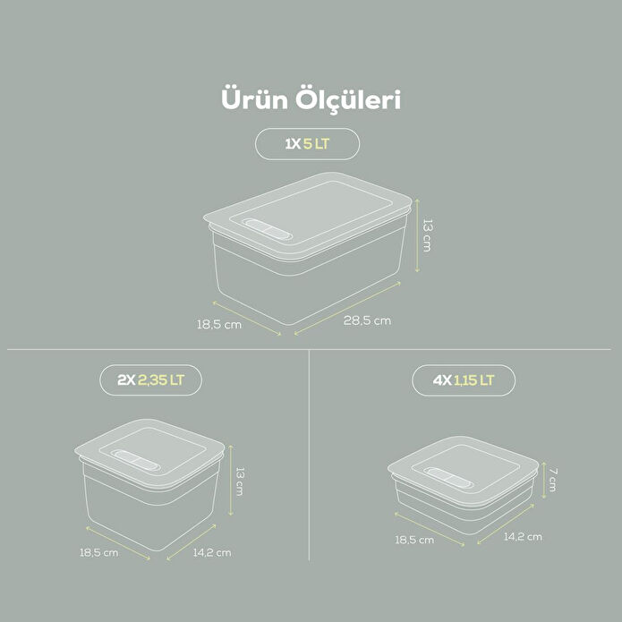 Vienev 7'li Hava Kanallı Ayarlanabilir Sebze Ve Meyve Saklama Kabı 4x(1,15 Lt) 2x(2,35 Lt) 1x(5 lt) mint