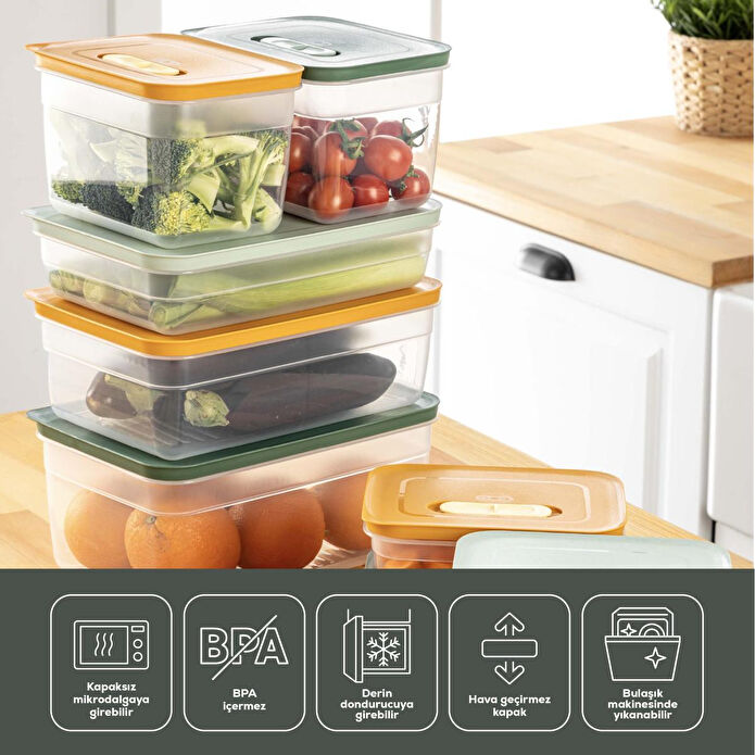 Vienev 6'lı Hava Kanallı Ayarlanabilir Sebze Ve Meyve Saklama Kabı 2x(1,15-2,35-5 lt) yeşil