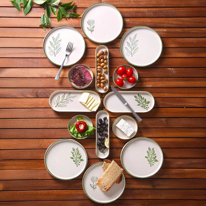Vienev 14 Parça 6 Kişilik Handmade Yeşil Çiçek Kahvaltı Takımı - Lüx Kahvaltılık Sunum Seti