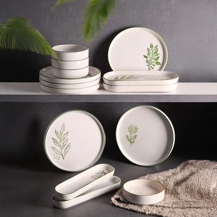 Vienev 14 Parça 6 Kişilik Handmade Yeşil Çiçek Kahvaltı Takımı - Lüx Kahvaltılık Sunum Seti