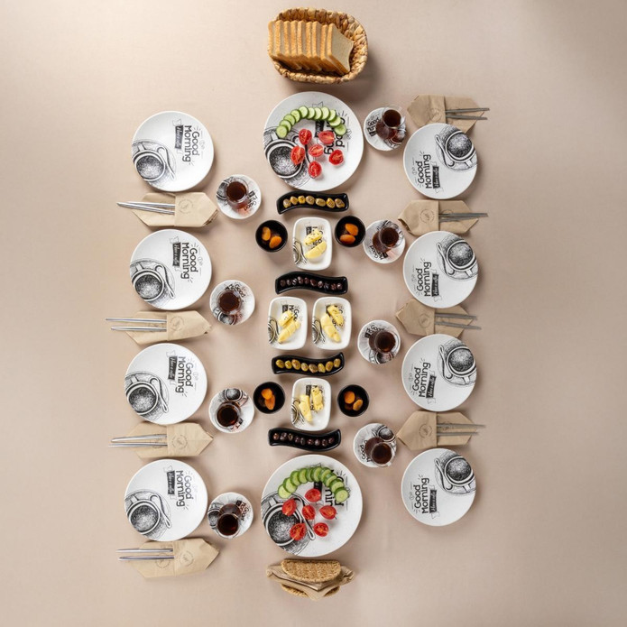 Vienev 38 Parça 8 Kişilik Handmade Yeni Gün Desen Kahvaltı Takımı -stoneware Kahvaltı Sunum Seti