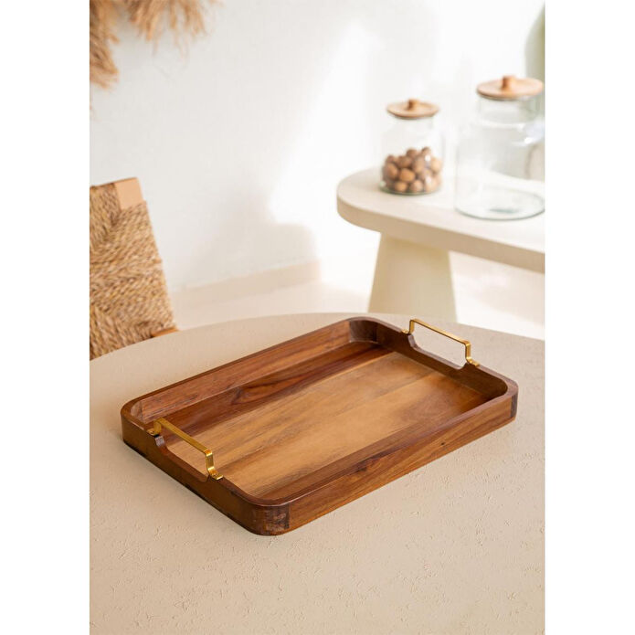 The Mia Natura Metal Kollu Akasya Tepsi 38x28 Cm