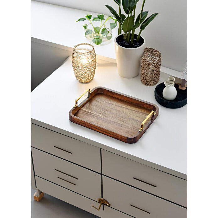 The Mia Natura Metal Kollu Akasya Tepsi 30x23 Cm