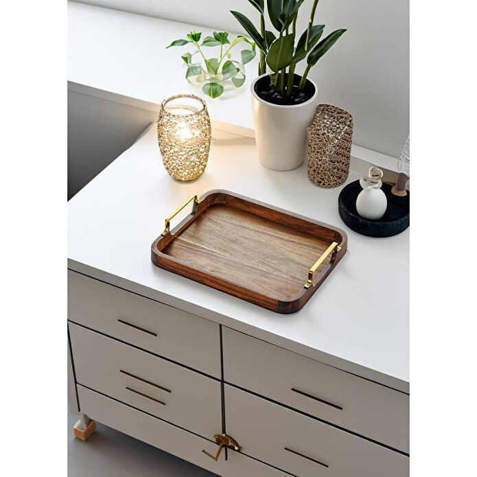 The Mia Natura Metal Kollu Akasya Tepsi 30x23 Cm