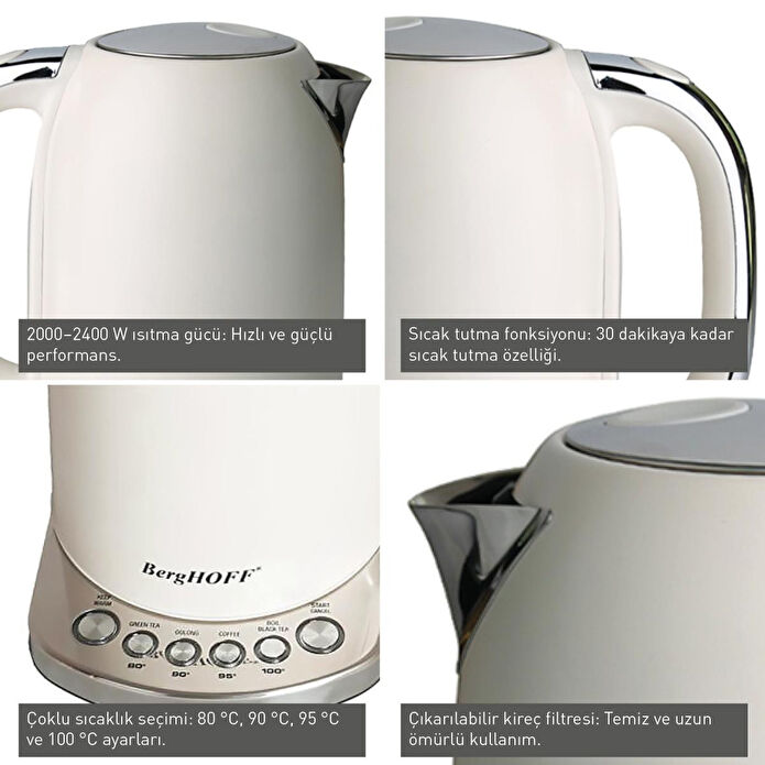 Berghoff Gem Concept 1,7 L Su Isıtıcı – 2400 W, Çoklu Otomatik Sıcaklık Ayarı | Vanilya Krem