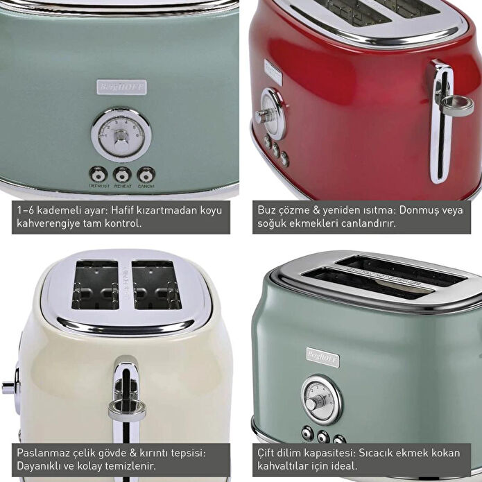 Berghoff Gem Retro 2 Dilim Ekmek Kızartma Makinesi – 815 W, Paslanmaz Çelik Gövde | Kırmızı