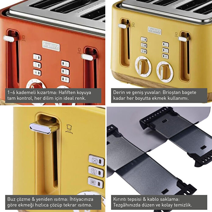 Berghoff Gem Natural 4 Dilim Ekmek Kızartma Makinesi – 1630 W, Çift Kontrol Paneli, Paslanmaz Çelik | Turuncu