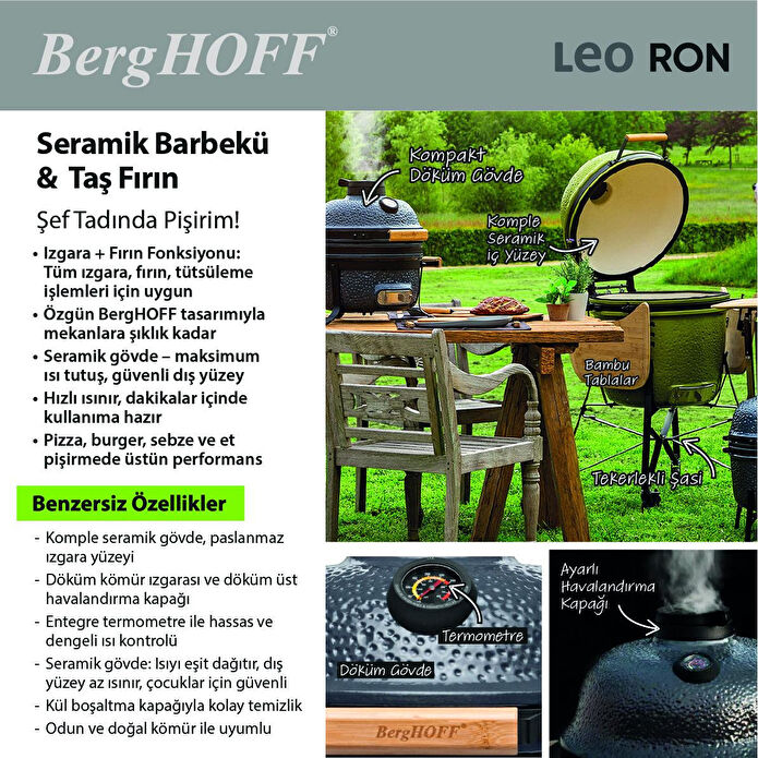 Berghoff Ron Mat Haki Yeşil Büyük Seramik Barbekü Ve Fırın 58 Cm