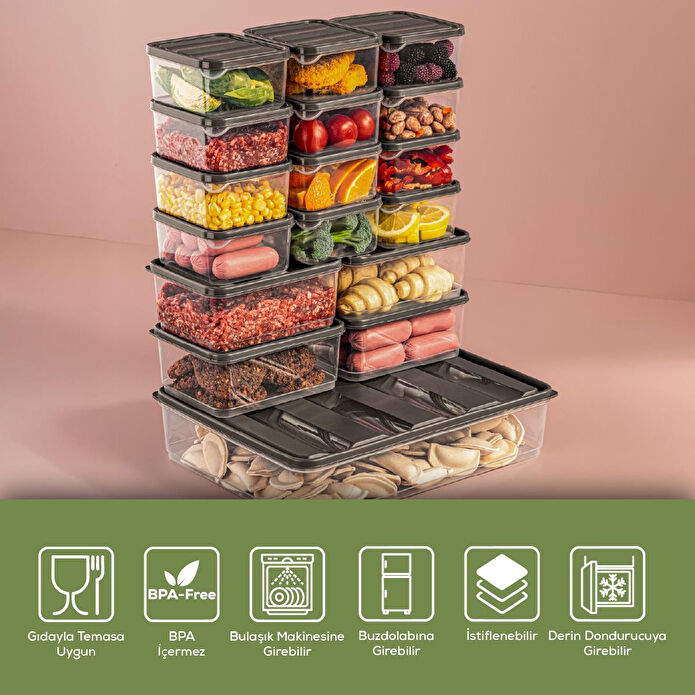 Vienev 17'li Buzdolabı Düzenleyici Organizer Mikrodalgaya Uygun Difriz Saklama Kabı Gri