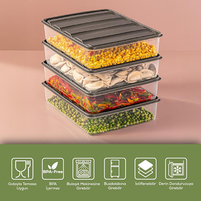 Vienev 4'lü 3,5 Litre Buzdolabı Düzenleyici Organizer Mikrodalgaya Uygun Difriz Saklama Kabı Gri