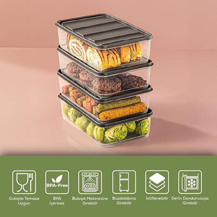 Vienev 4'lü 1,75 Litre Buzdolabı Düzenleyici Organizer Mikrodalgaya Uygun Difriz Saklama Kabı Gri