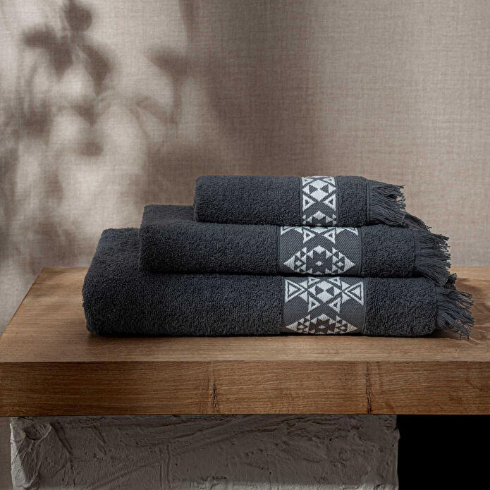 Green Black Hereke 3'lü Havlu Seti Krem Bordürlü Antrasit