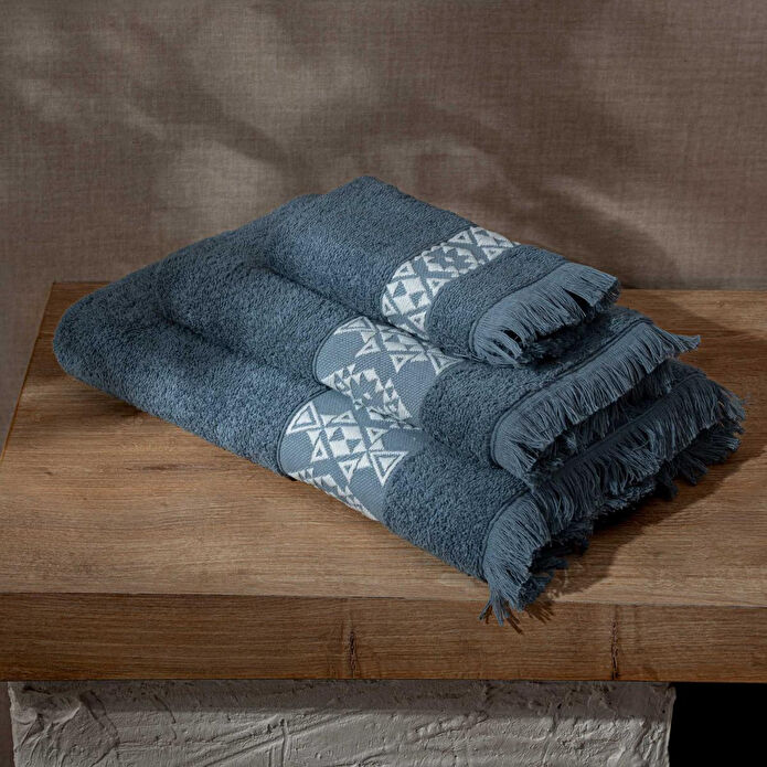 Green Black Hereke 3'lü Havlu Seti Koyu Mavi