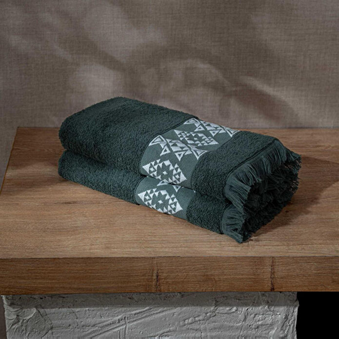 Green Black Hereke 2'li Yüz Havlusu Seti Krem Bordürlü Yeşil